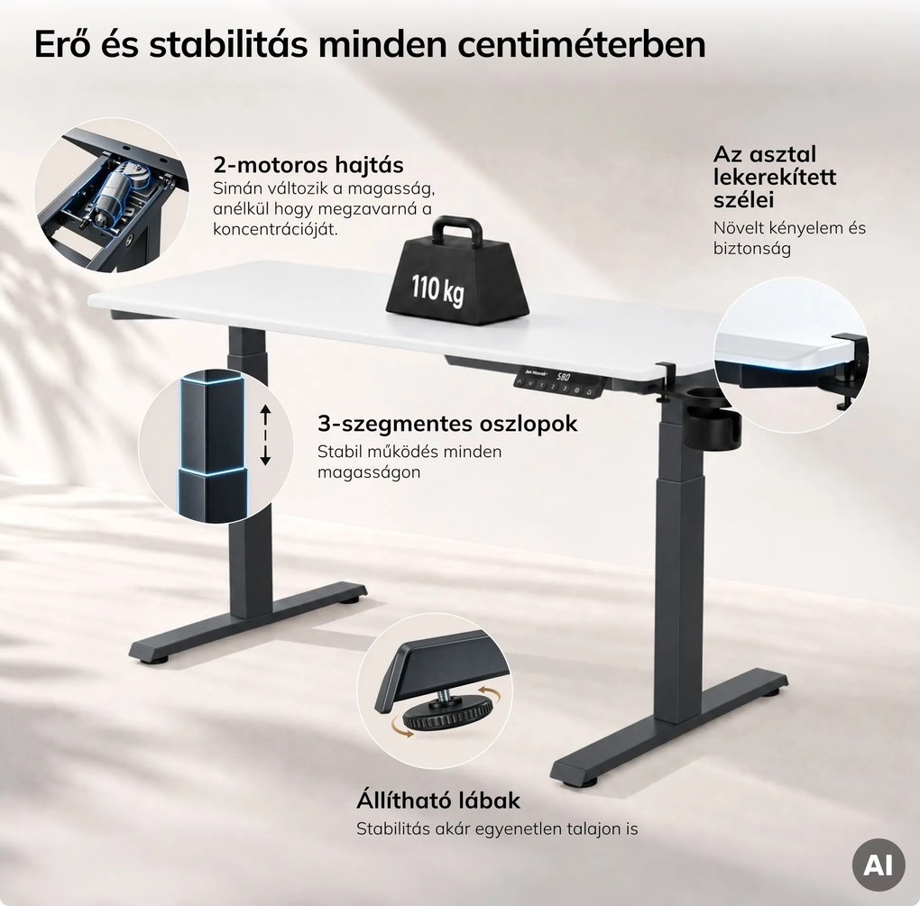 Elektromos íróasztal magasságállítással ergonomikus antracit-fehér, 1400x700 mm: ARIA