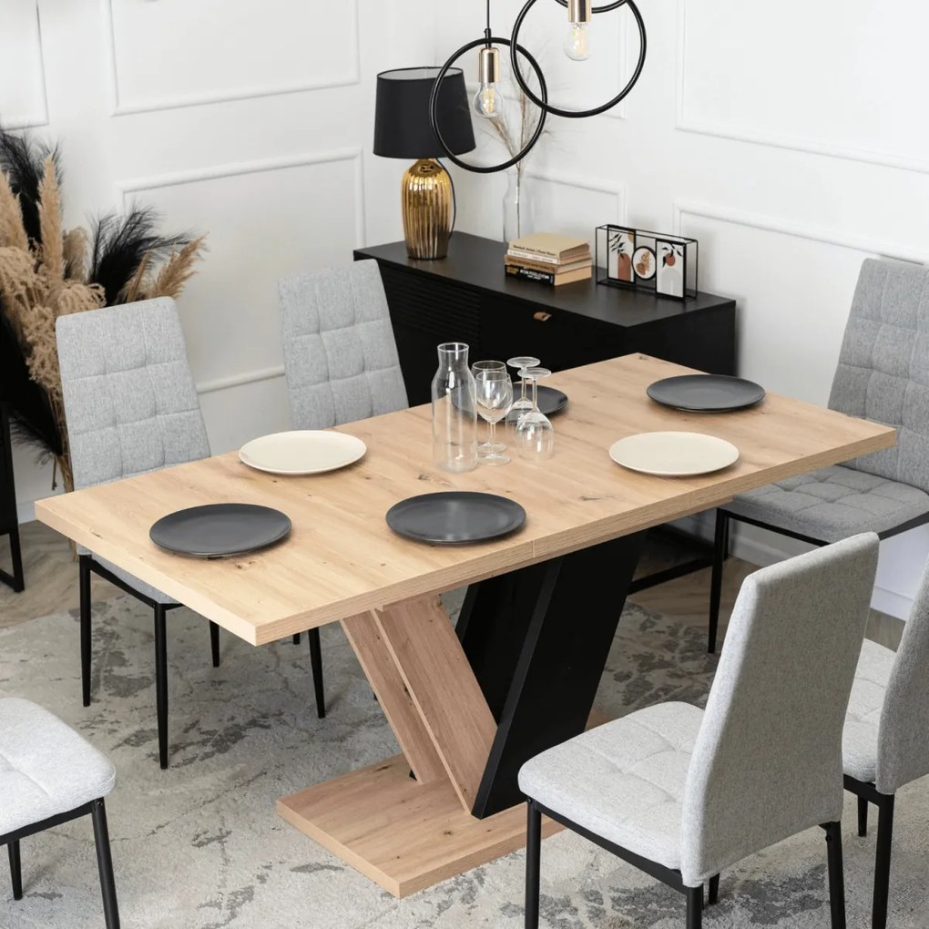 Étkezőgarnitúra: bővíthető asztal 120–160 cm Artisan tölgy / fekete színkombinációban + 6 db szürke szék – CLARK / TEX