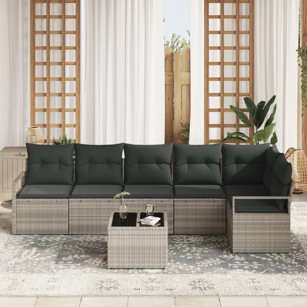 7 darabos Kerti Sofa Szett Párnákkal Szürke Polirattan, 2-fős Kerti Sofa Párnákkal Szürke Polirattan