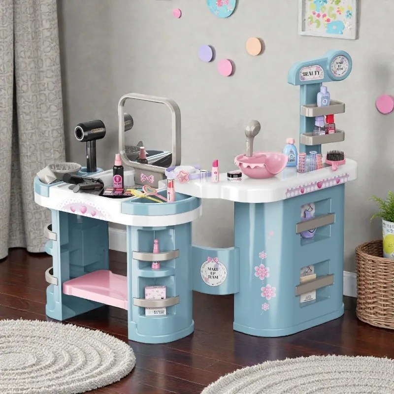 Játék fodrászállomás, elektromos hajszárítóval és hajvasalóval, tükörrel, sminkkiegészítőkkel, több tárolópolccal