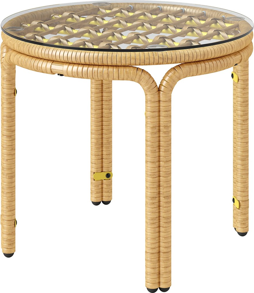 Outsunny Kerek Asztalka PE Rattanból Üveglappal Éjjeli Szekrény Kerti Asztal Teraszbútor Sörasztal, Ø50 cm Sárga | Aosom