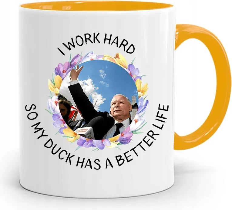 Sárga Vicces Bögre Jaroslaw Kaczynski felirattal, fényképpel