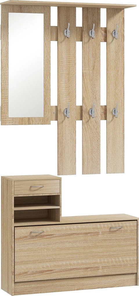HOMCOM Modern Előszoba Bútor Szett Cipőpad és Tükörrel, Előszobai Akasztófával 6 Kampóval, 2 Állítható Polccal és Fiókokkal, 90x24x177 cm, Tölgy | Aos