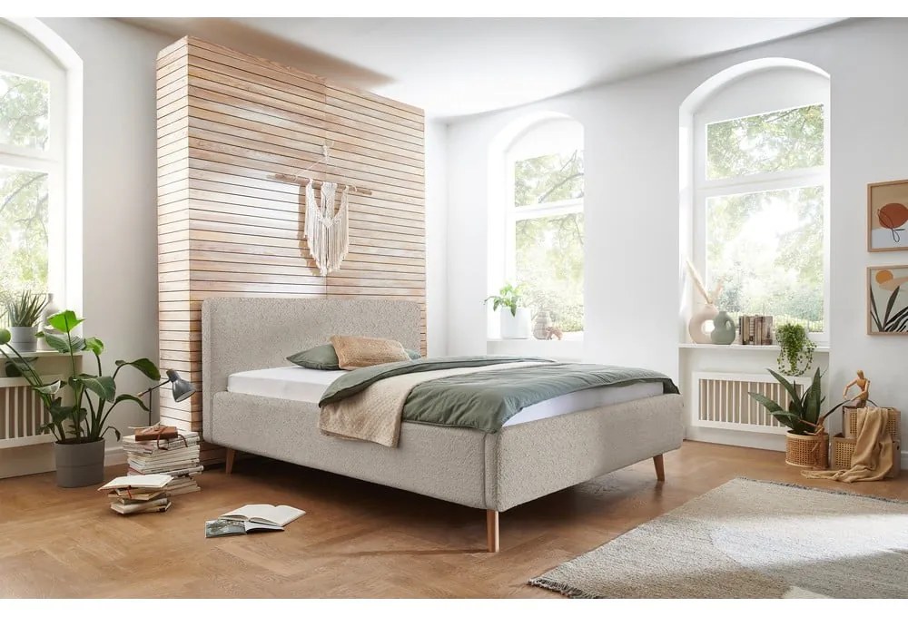 Bézs kárpitozott franciaágy tárolóhellyel és ágyráccsal 180x200 cm Mattis - Meise Möbel