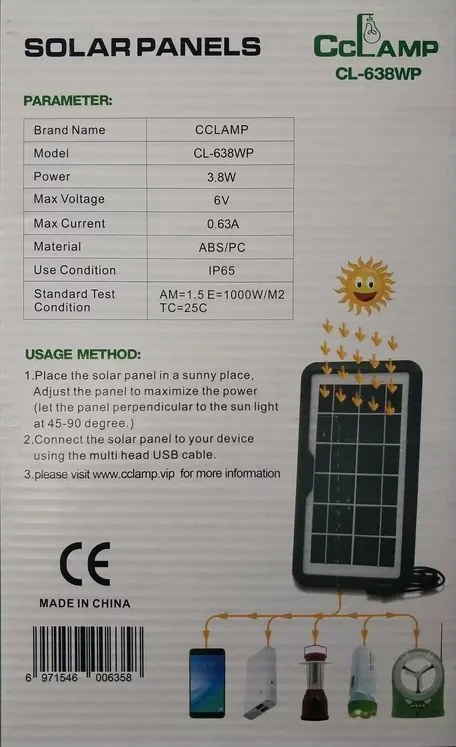 Monokristályos szolárpanel CL-638WP - 3,8 W - 6 V - CCLamp