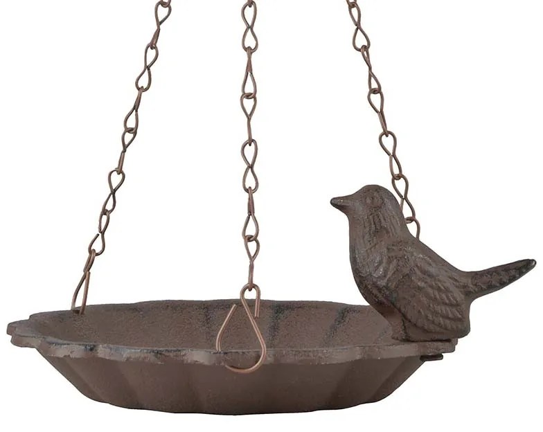 Felakasztható öntöttvas madáretető és itató, egy kismadárral