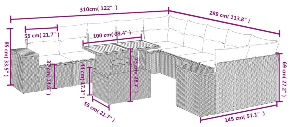 11 részes szürke polyrattan kerti ülőgarnitúra párnákkal