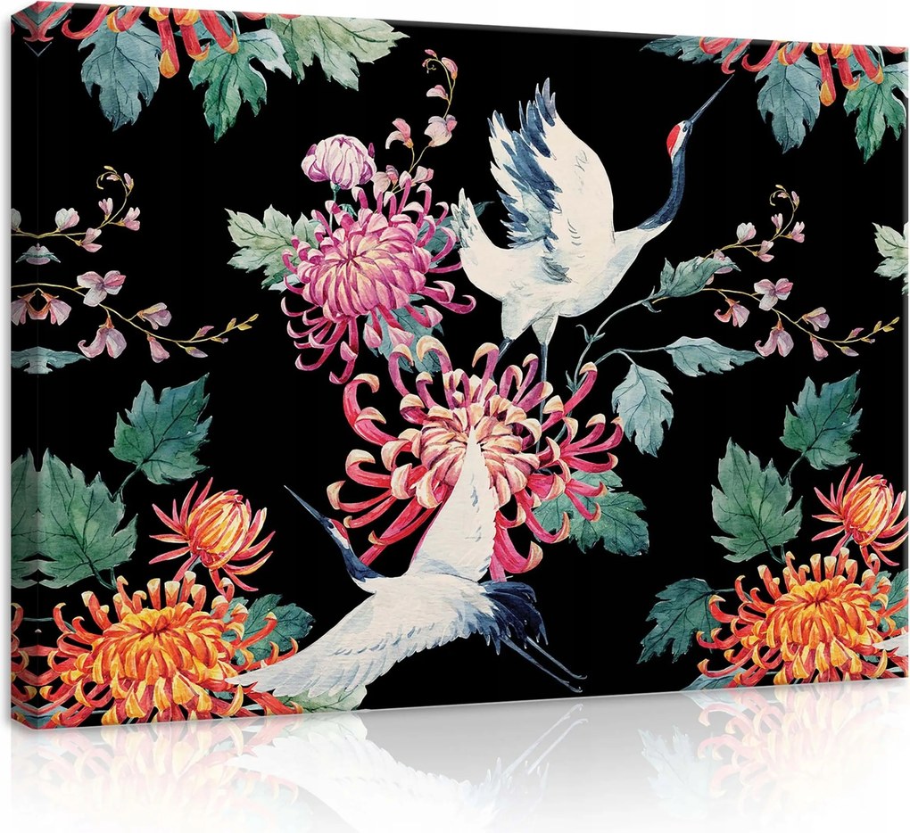 Vászonkép 70x50 Darvak krizantém virágok madarak fekete keleti háttér