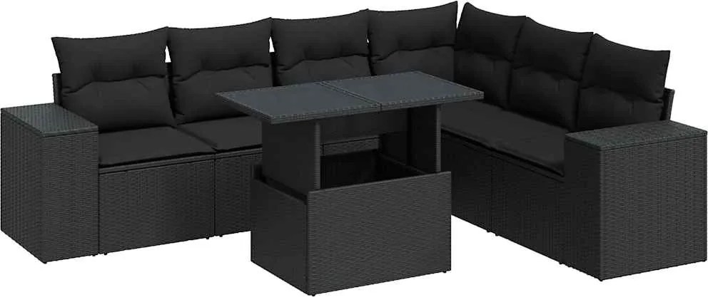 vidaXL 7 részes fekete polyrattan kerti ülőgarnitúra párnával