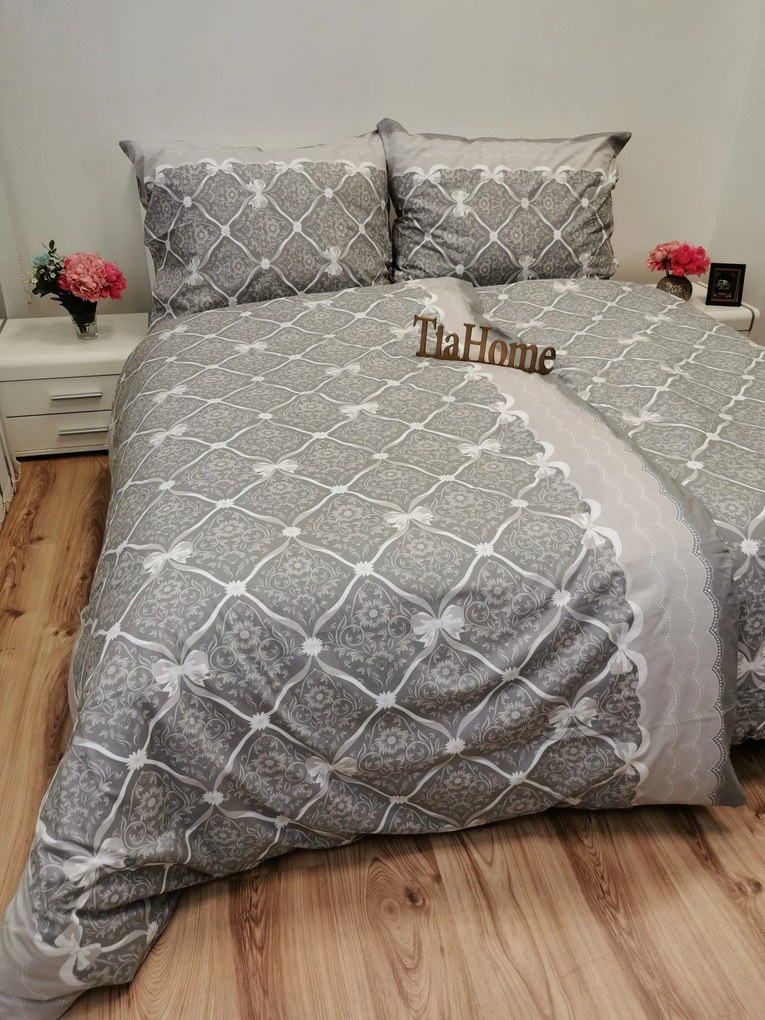 Vintage szürke Szalag pamut ágynemű TiaHome - 1x Párna 90x70cm, 1x Paplan 140x200cm