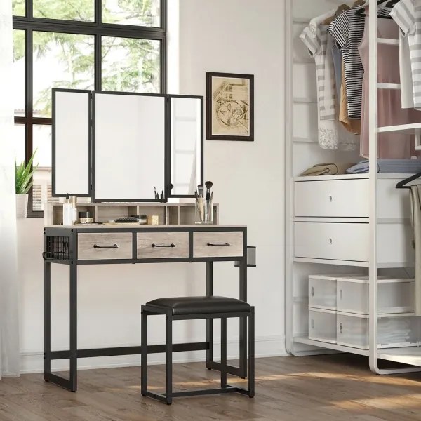 FLORA sminkasztal puffal 28,6x42 cm szürke/fekete