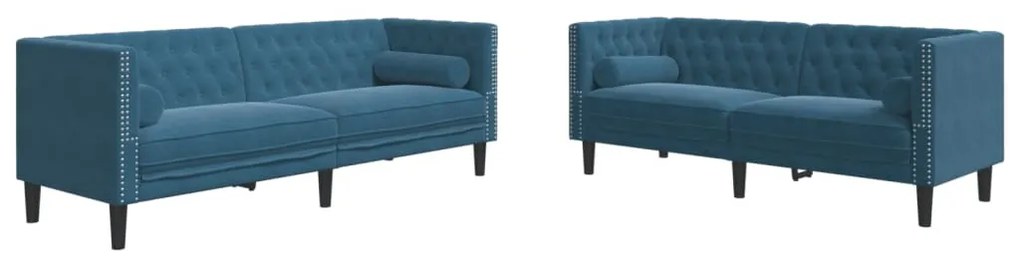 2 részes kék bársony Chesterfield kanapészett hengerpárnákkal