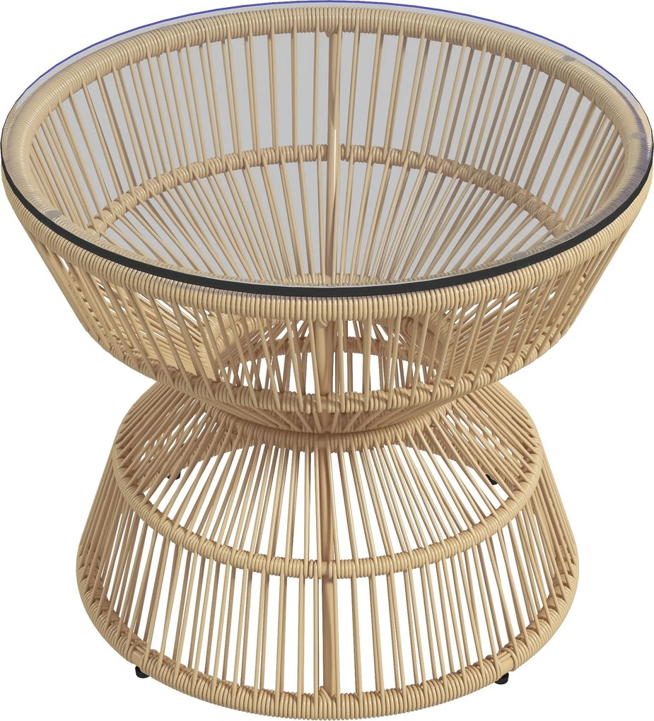 Outsunny Rattan Oldal asztal, Ø60 cm Kávézóasztal Kertasztal Edzett Üveg Asztallappal, Balkon Asztal Boho Dizájnban, Kávézóasztal a Kerthez, Balkonhoz