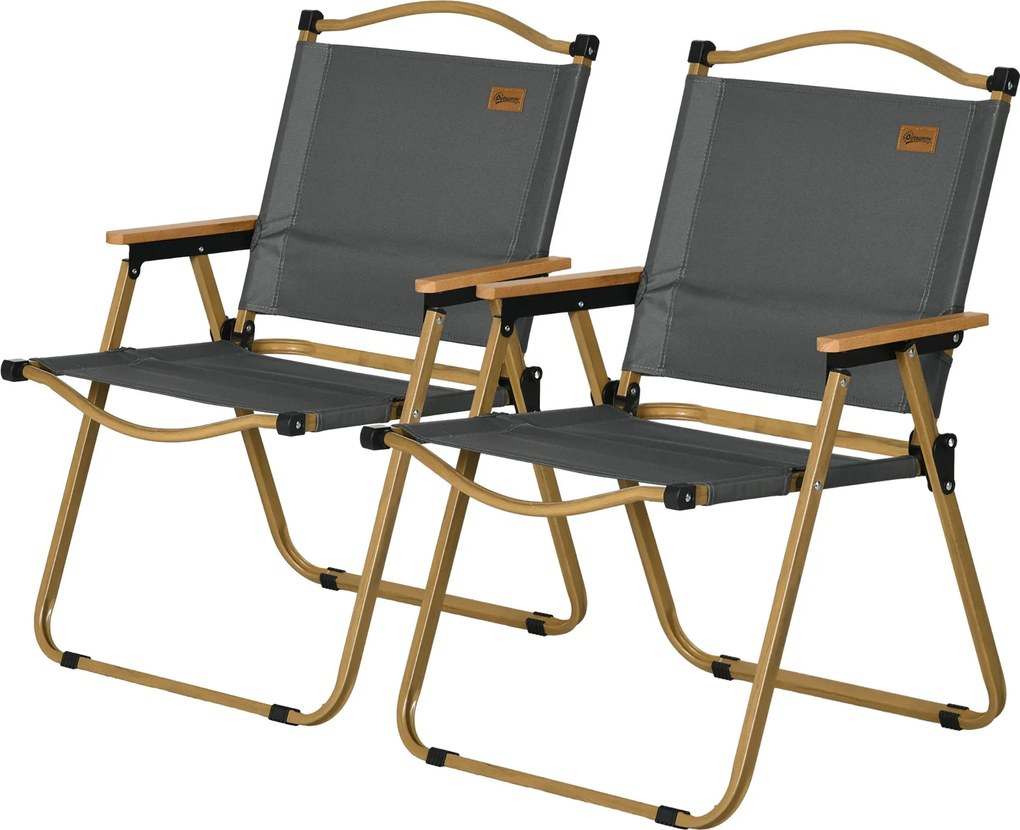 Outsunny Kerti Szék 2 db-os Összecsukható Túraszék Acél Kerettel, Fa Hatású, Uszoda- és Tengerparti Székek Sötétszürkében | Aosom