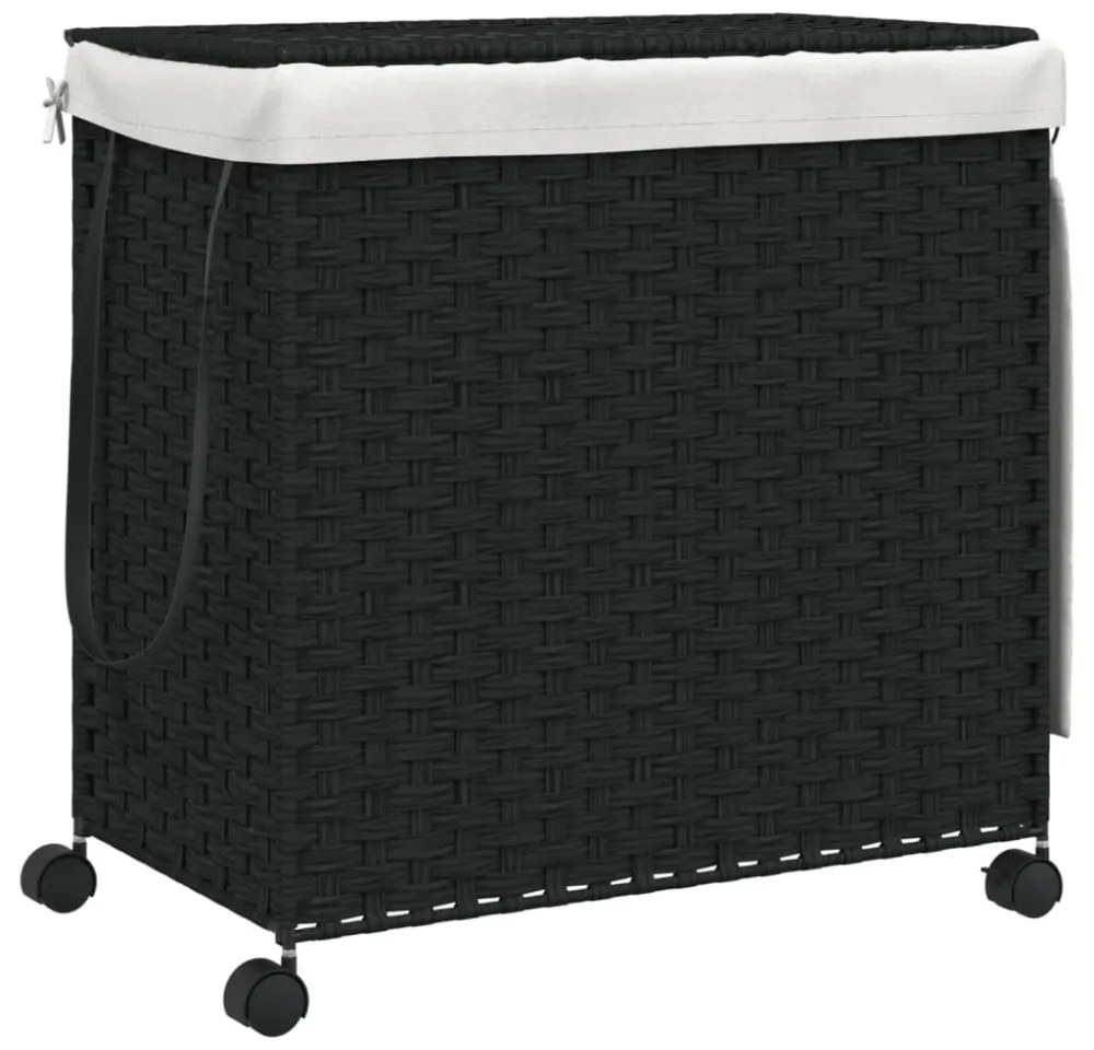 fekete rattan szennyeskosár kerekekkel 60x35x60,5 cm