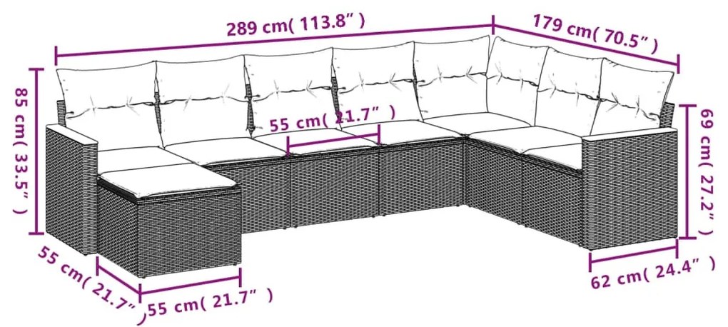 8 részes fekete polyrattan kerti ülőgarnitúra párnákkal