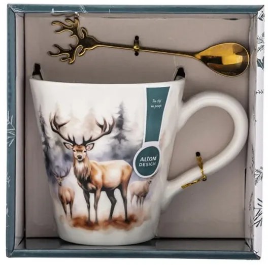 Szarvasok erdőben porcelán bögre szett rénszarvas fejes kanállal - 480 ml