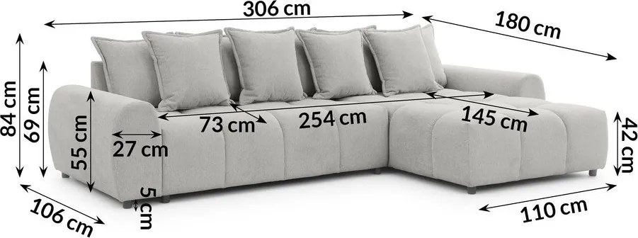 Világosszürke sarokkanapé (jobb oldali-heverő résszel) Albane – Ropez