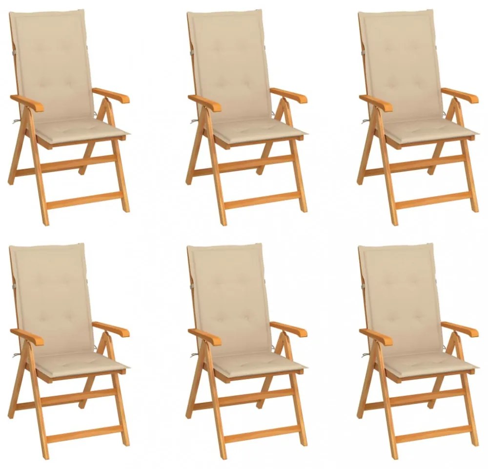 6 db tömör tíkfa kerti szék bézs párnákkal