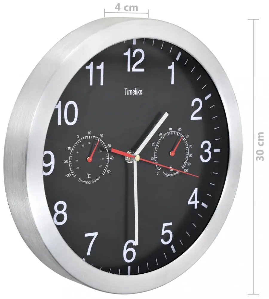 kvarcszerkezetes fekete falióra higrométerrel, hőmérővel 30 cm