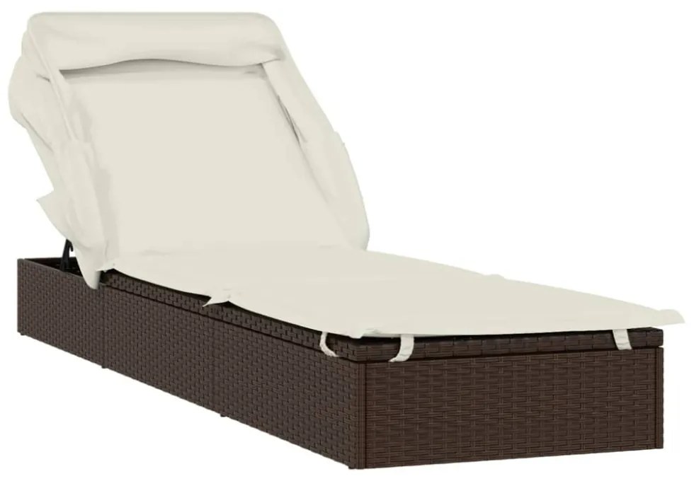barna polyrattan napozóágy összecsukható tetővel 213x63x97 cm