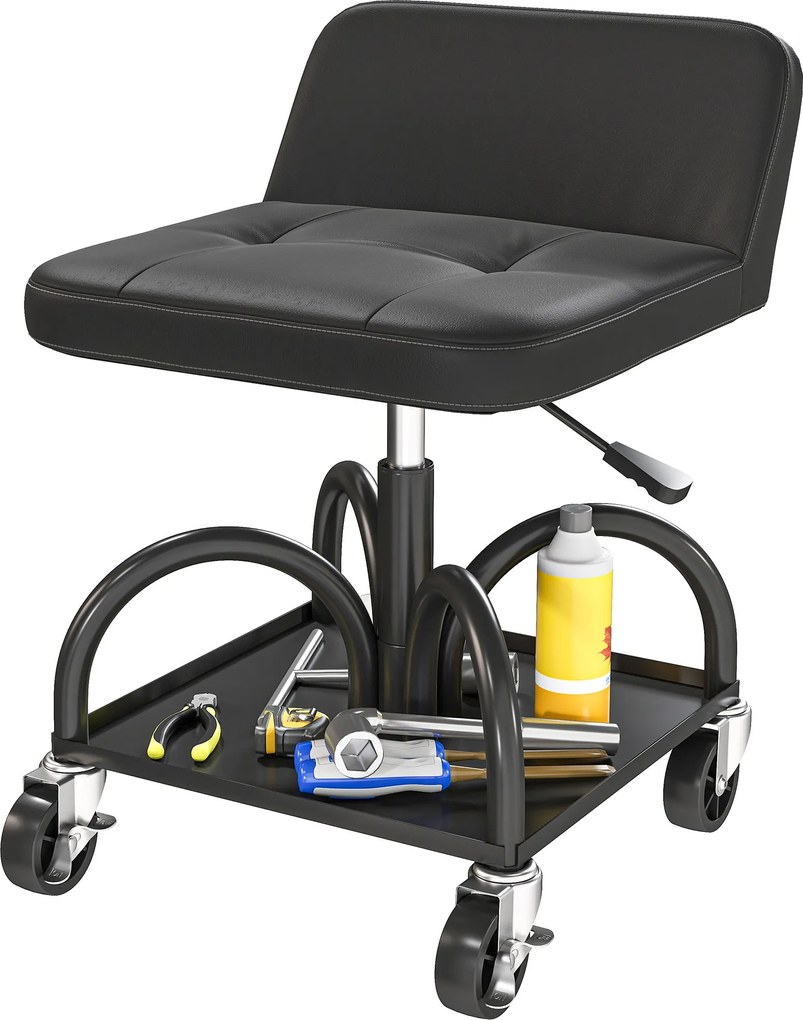 HOMCOM Forgószék Tárolóhellyel, Deréktámasszal, 58,5 cm Magas Munkaszék Max. 135 kg Teherbírással, Garázsba Ideális Fekete Forgószék | Aosom