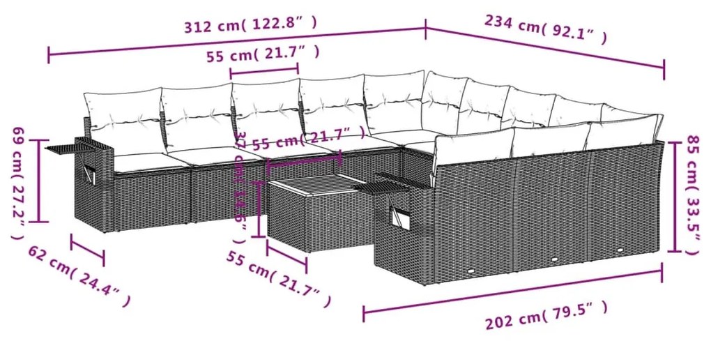 12 részes vegyes bézs polyrattan kerti ülőgarnitúra párnákkal