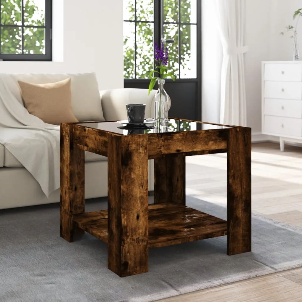 Füstös tölgy szerelt fa dohányzóasztal LED-del 53 x 53 x 45 cm