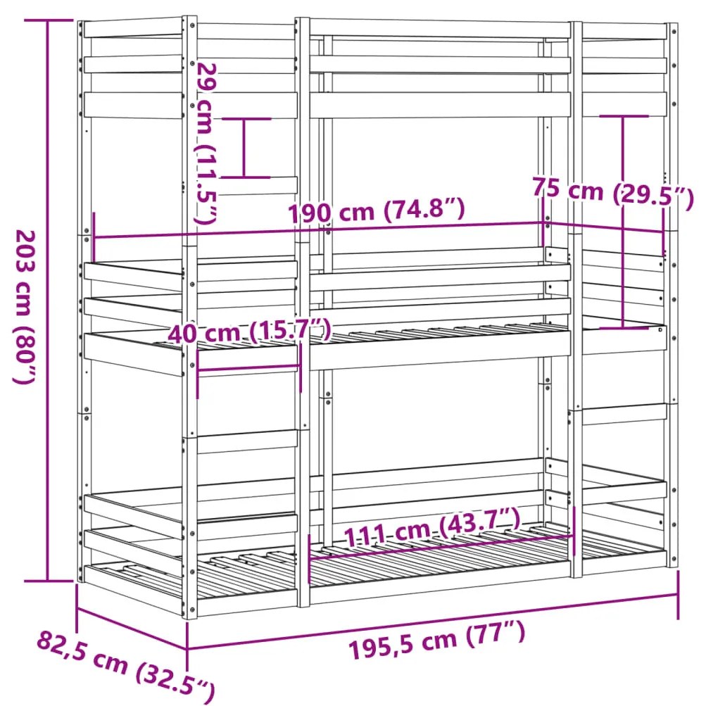viaszbarna tömör fenyőfa háromszintes ágy 75 x 190 cm