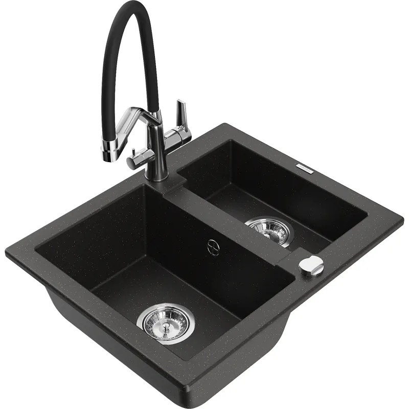 Mexen Carlos 1,5 medencés gránit mosogató Duo konyhai csapteleppel, fekete/arany metál - 6518-75-671701-07