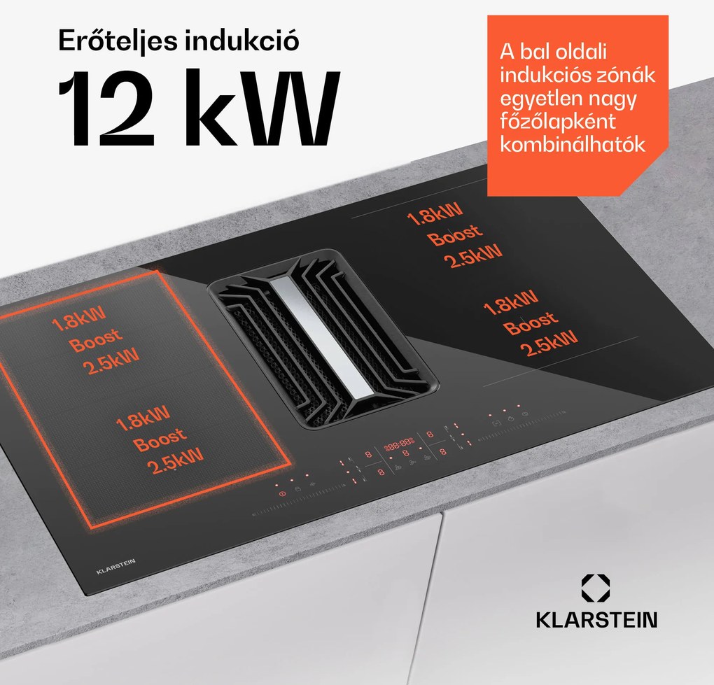 Klarstein AirJet Hybrid Down Air System, Indukciós főzőlap beépített páraelszívóval, 600 m³/h, EEK A+