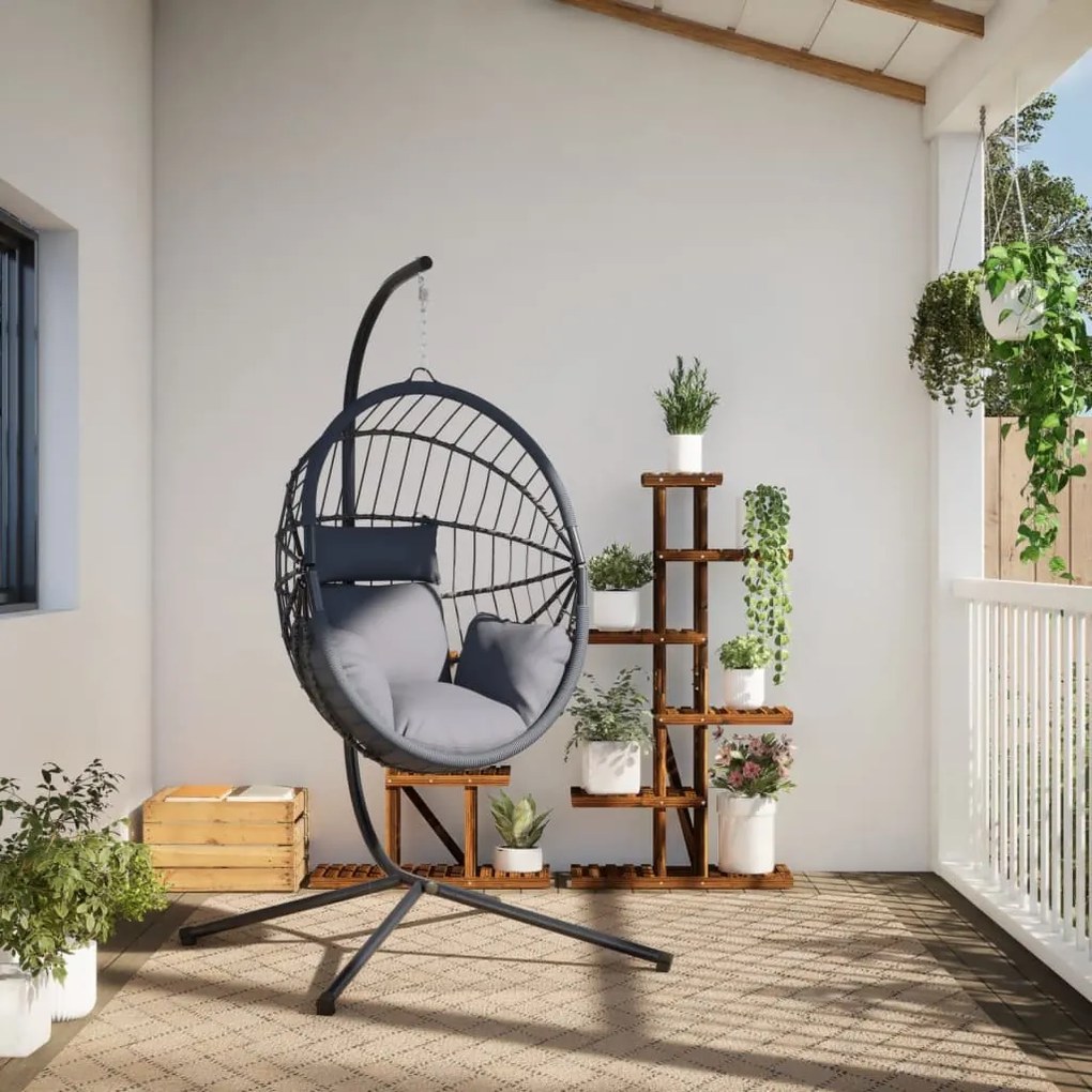 szürke rattan és acél függő kagylószék állvánnyal