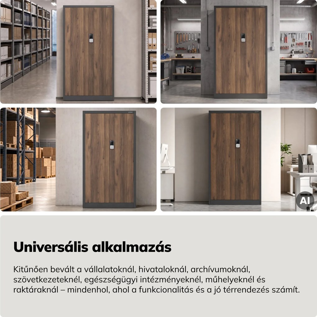 Fém irodai szekrény kódzárral, antracit, dió, 900x1850x400 mm: DANIEL Eco Design