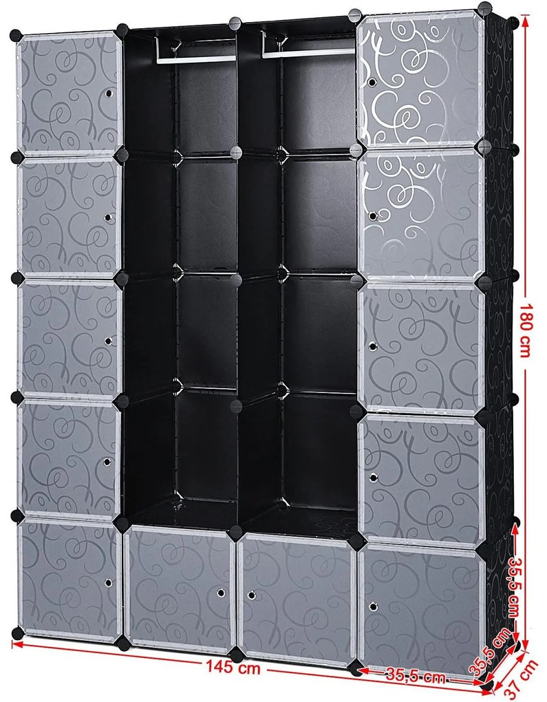 Gardrób 2 ruhatartó rúddal, moduláris kombinált szekrény, fekete