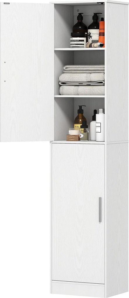 HOMCOM Fürdőszoba Szekrény, Magas, Keskeny Szekrény 2 Ajtóval, Állítható Polcokkal 40 x 35 x 180 cm Fehér | Aosom