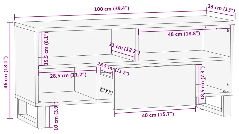 TV Szekrény - 100 x 33.5 x 46 cm, tömör mangófából készült.