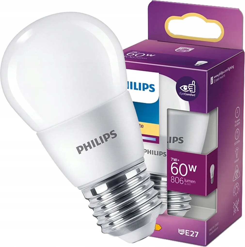 Led izzó Golyó E27 7W 60W 2700K Meleg Philips