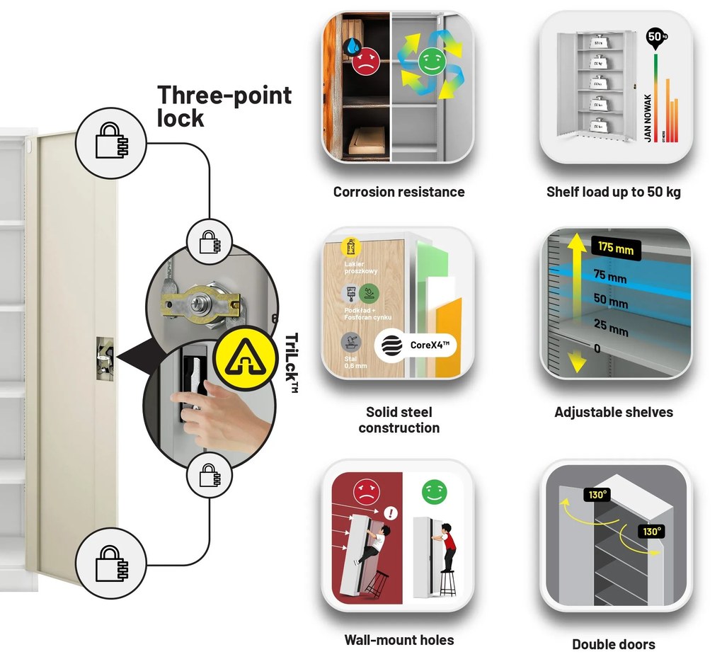 Fém iratszekrény JAN H, 900 x 1950 x 400 mm, Eco Design: fehér/ sonoma tölgy