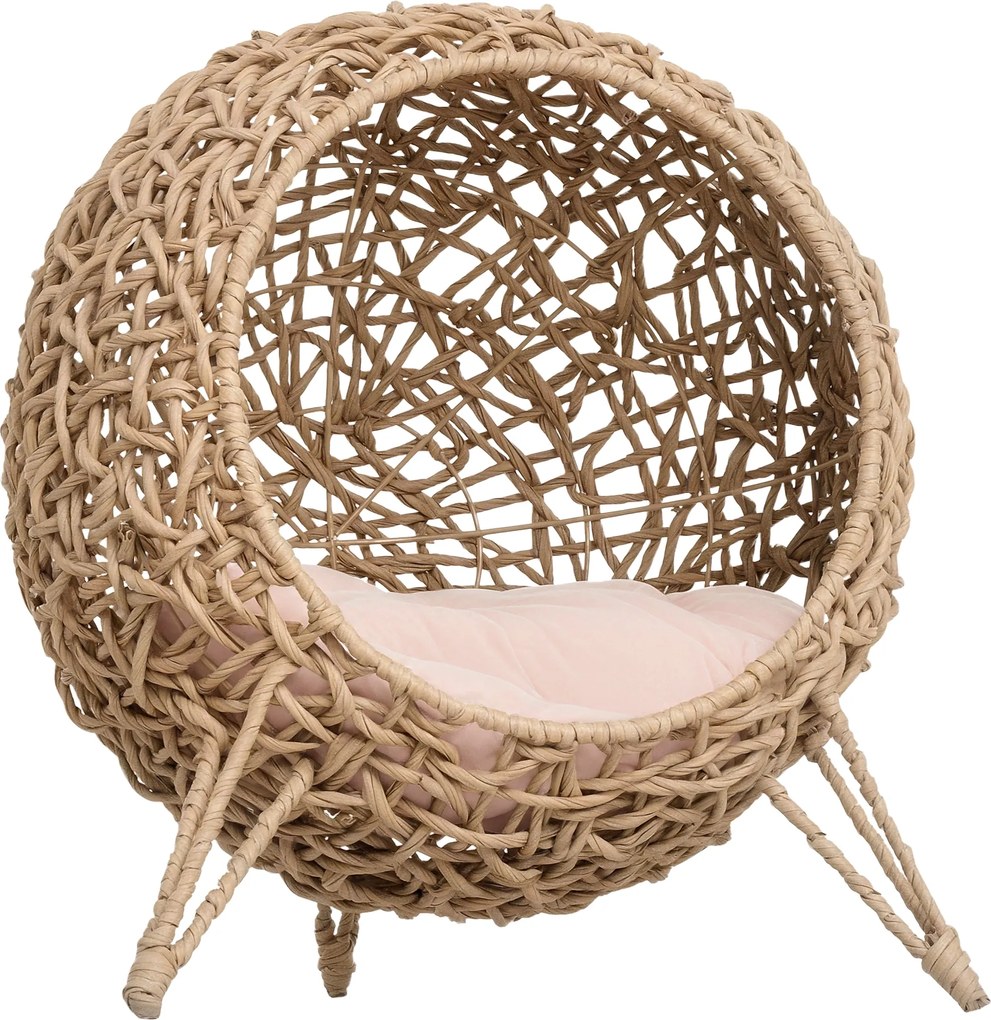 PawHut Rattan Macskaház Párnával - Macska Alvóhely, Macskabarlang Emelt Lábakkal, Természetes Ø52 x 58 cm | Aosom