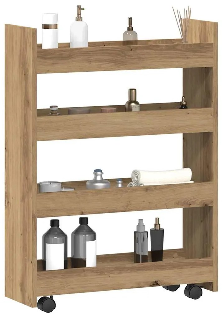 4 szintes kézműves tölgy színű szerelt fa keskeny tárolókocsi