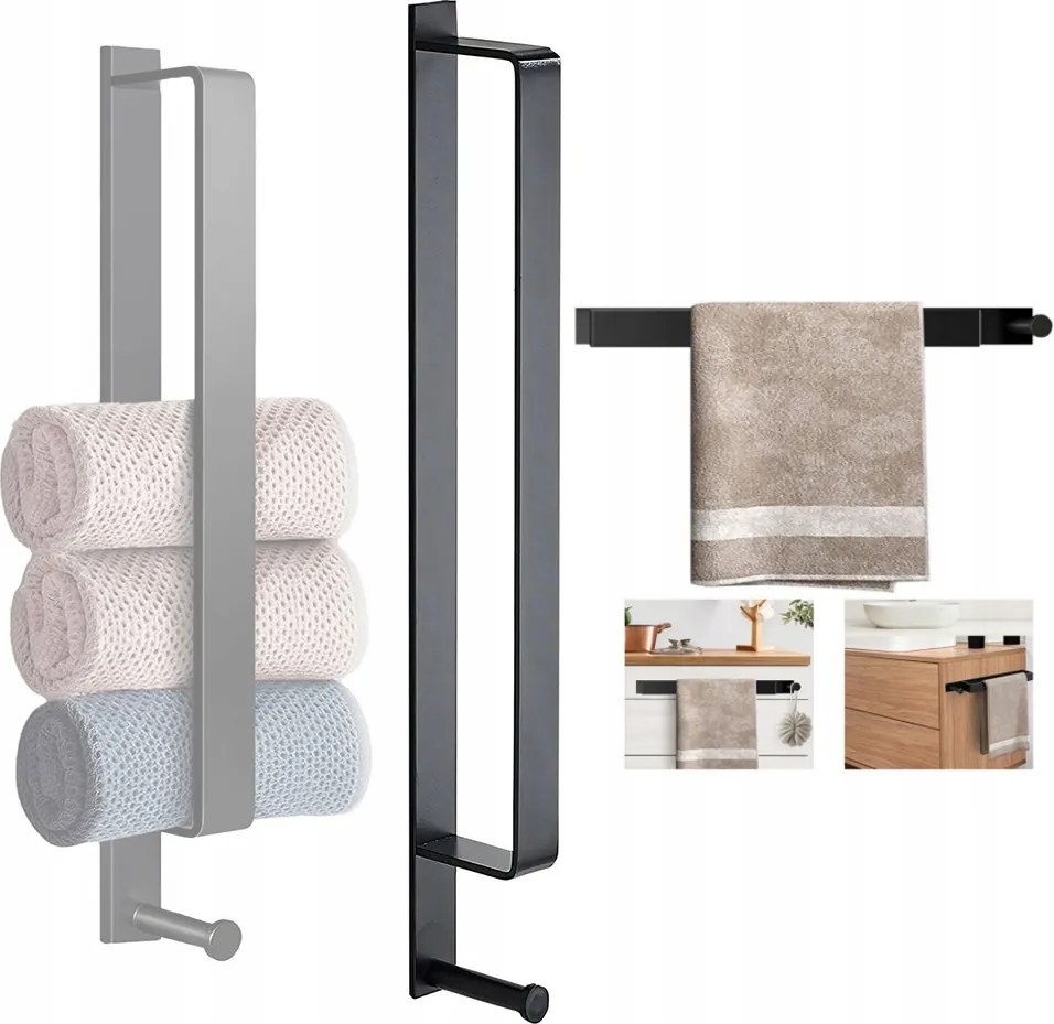 Fürdőszobai Törölközőtartó öntapadós, fúrás nélkül, fekete