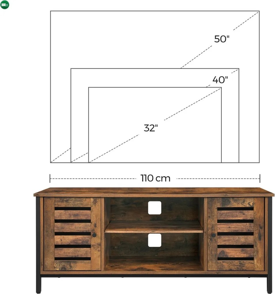 TV szekrény polcokkal és két ajtóval, rusztikus barna 110x40x50cm