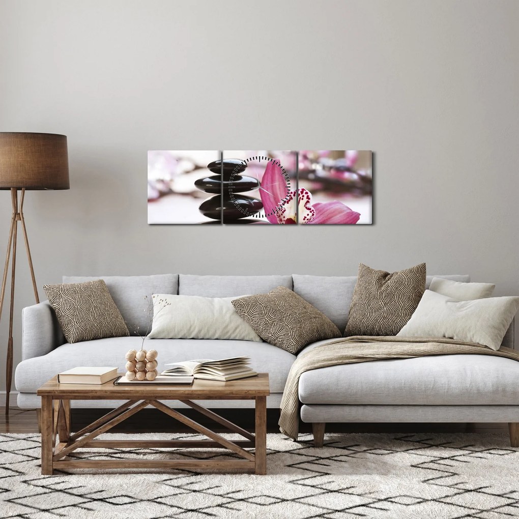 Masszázs kövek és orchideák képe (órával) (90x30 cm)