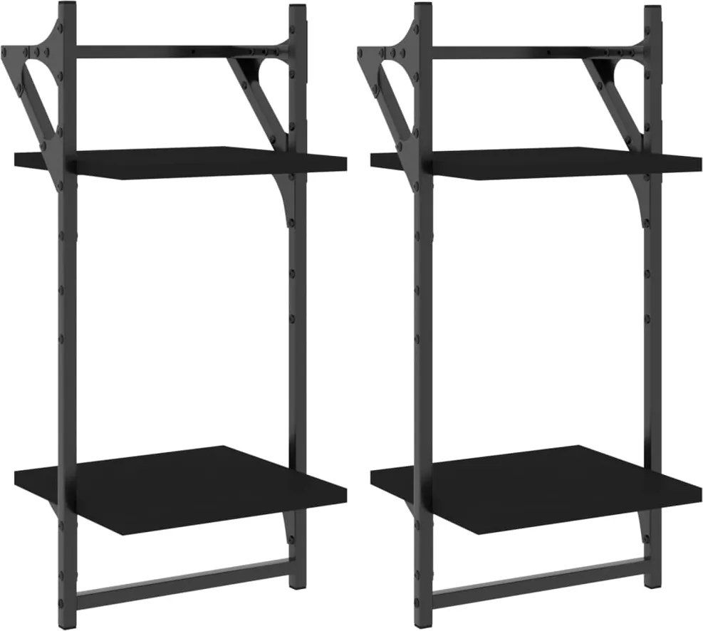 vidaXL 2 db 2 szintes fekete falipolc rúddal 30x25x65 cm