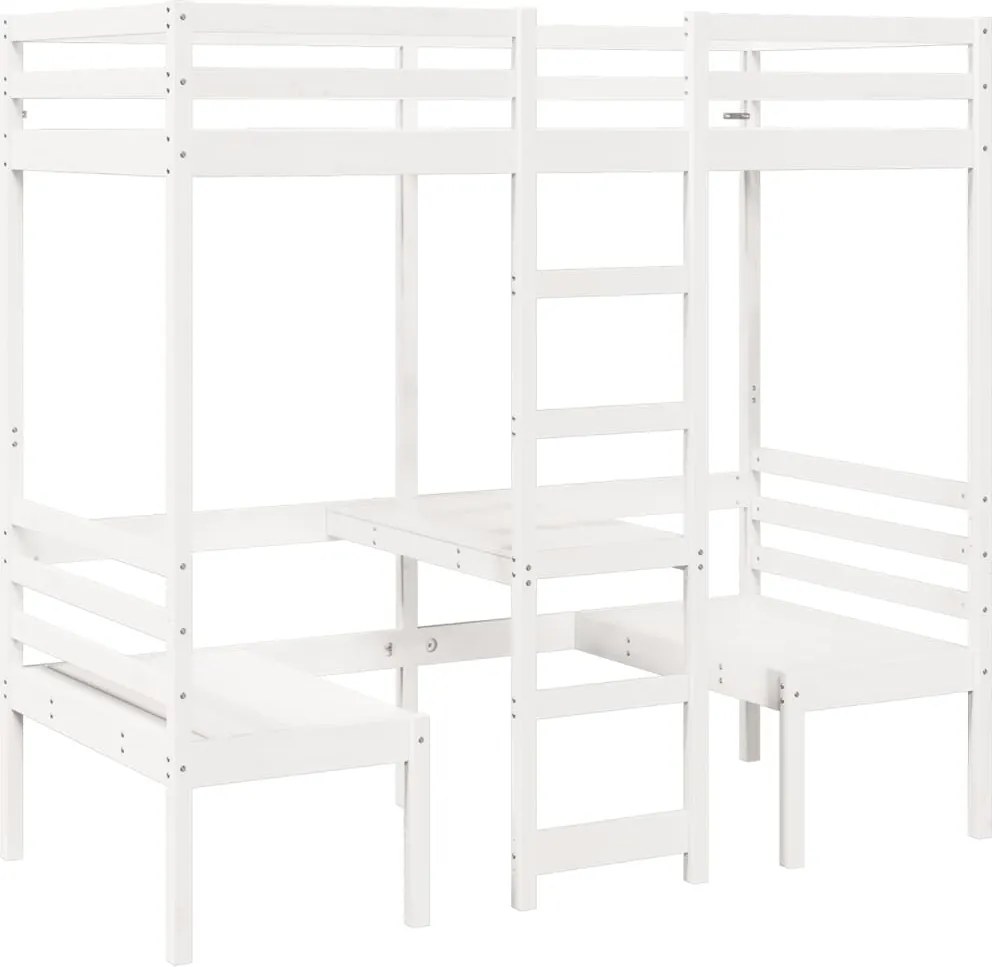 vidaXL fehér fenyő galériaágy-keret asztallal és székekkel 90 x 175 cm