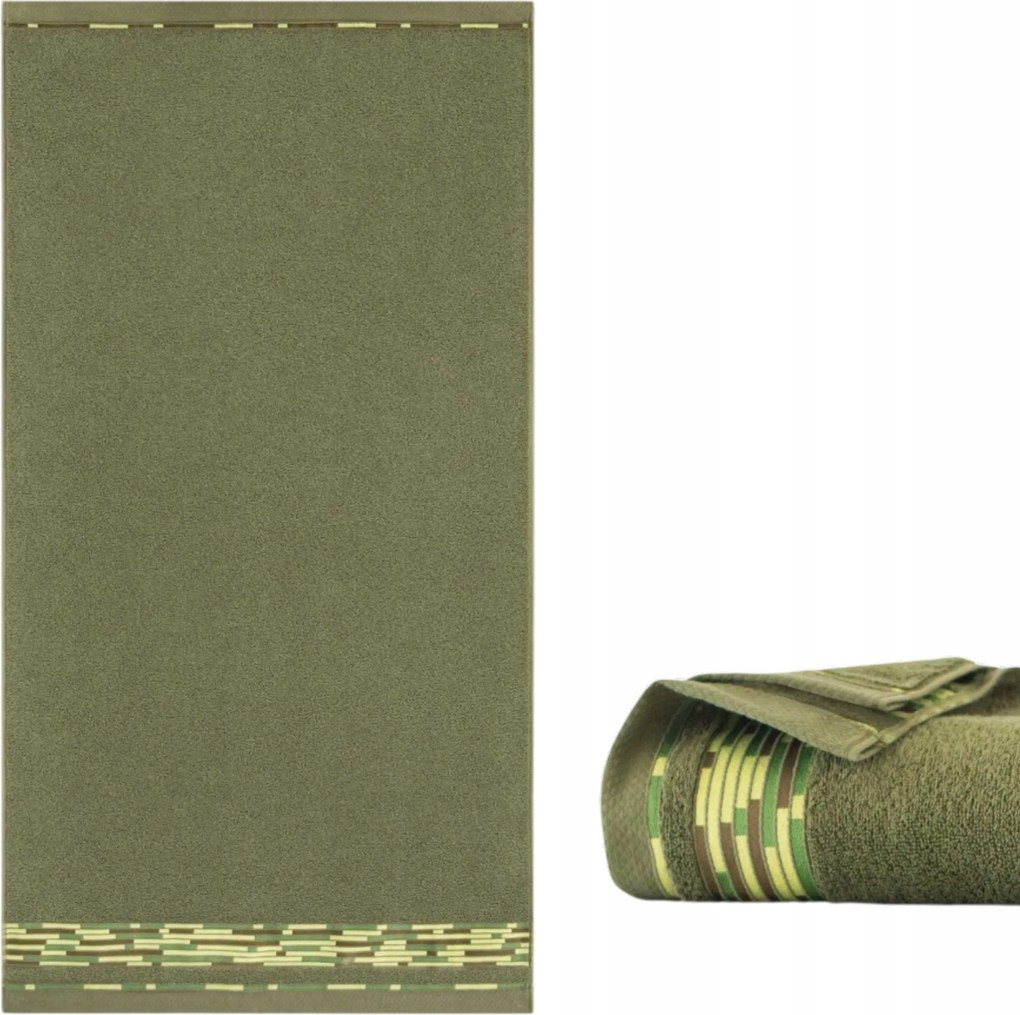 Grafik olíva színű, egyiptomi pamut fürdőlepedő, 70x140 cm, bordűrrel