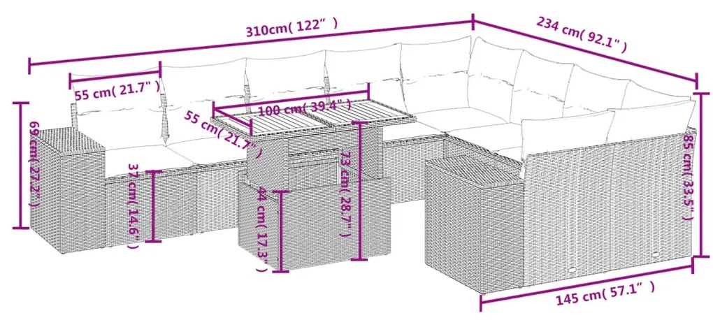 10 részes bézs polyrattan kerti ülőgarnitúra párnával