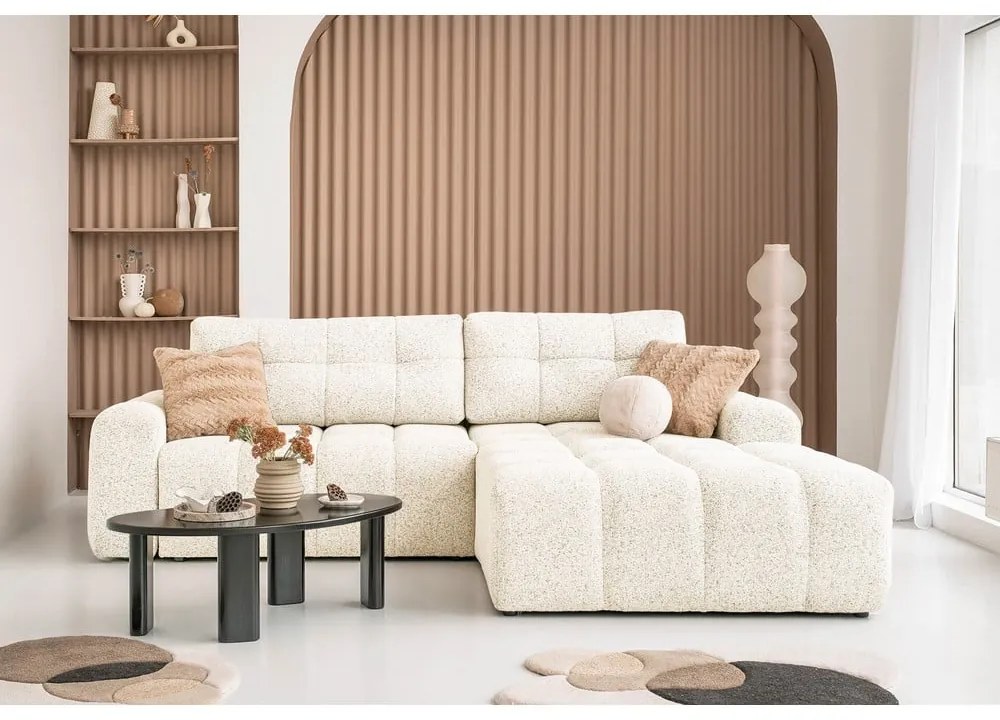 Krémszínű kinyitható tárolóhelyes moduláris sarokkanapé (jobb oldali) Lulu – Miuform