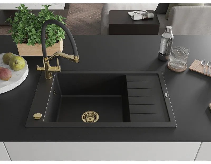 Mexen Elias, 1 kamrás gránit mosogató 795x480x200 mm és Duo mosogató csaptelep, fekete, 6511-77-671701-57-G
