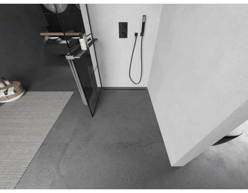 Mexen Kioto+, Walk-In zuhany paraván polccal és akasztóval 90 x 200 cm, 8 mm átlátszó üveg fekete mintás, grafit profil, 800-090-121-66-77